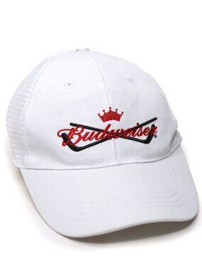 Budweiser Hockey Sticks Mesh Trucker Hat White Red Crown Snapback Cap OSFA